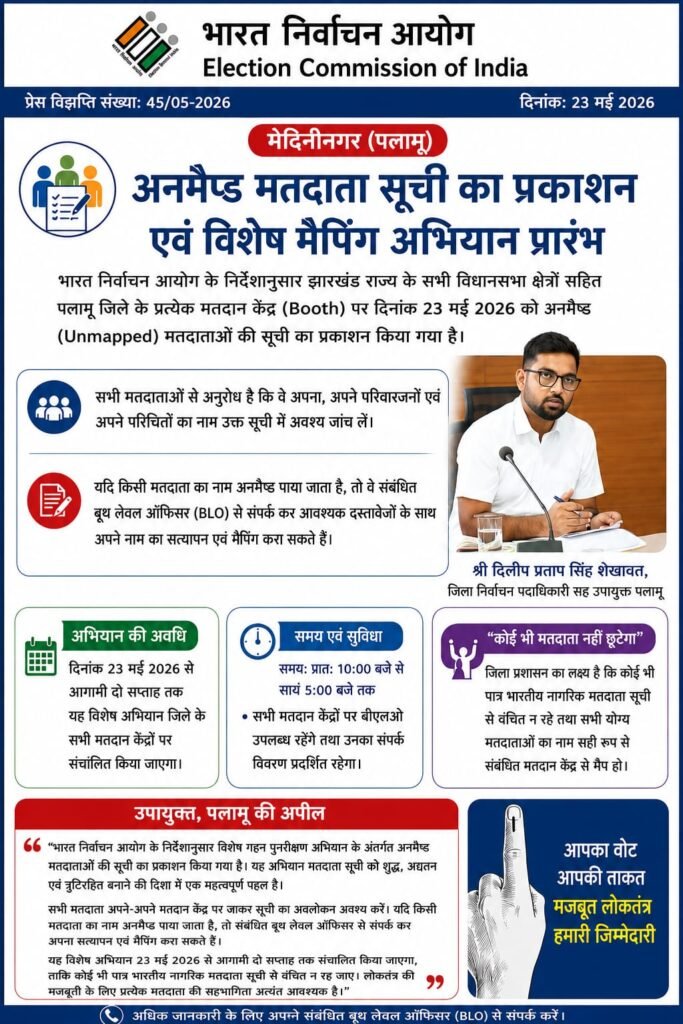 अनमैप्ड मतदाता सूची का प्रकाशन,विशेष मैपिंग अभियान शुरू,दो सप्ताह तक चलाया जाएगा अभियान,सभी मतदान केंद्रों पर उपलब्ध रहेंगे बीएलओ