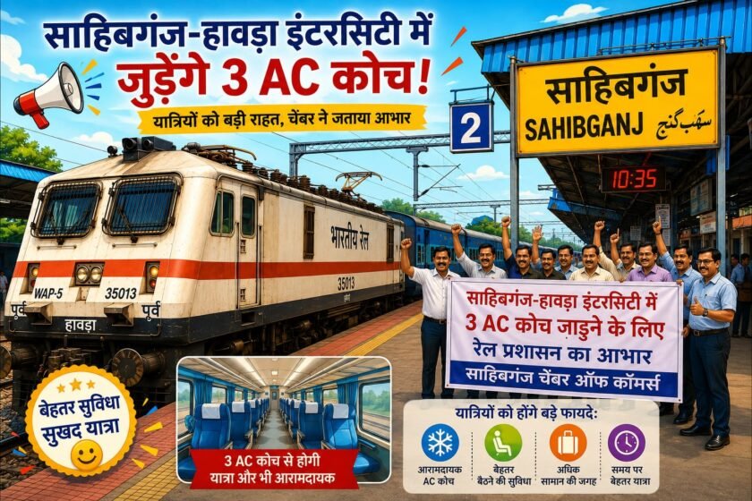 साहिबगंज-हावड़ा इंटरसिटी में 3 एसी कोच जुड़ने पर चैंबर ने जताया आभार, यात्रियों को मिलेगी बड़ी राहत