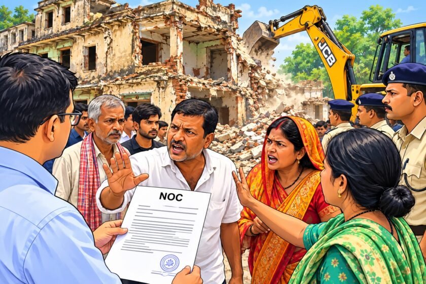जर्जर मकान गिराने को लेकर विवाद,दुकानदारों की आपत्ति से अटका ध्वस्तीकरण
