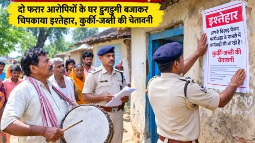 बोरियो में पेंशन फर्जीवाड़ा:दो फरार आरोपियों के घर डुगडुगी बजाकर चिपकाया इश्तेहार, कुर्की-जब्ती की चेतावनी