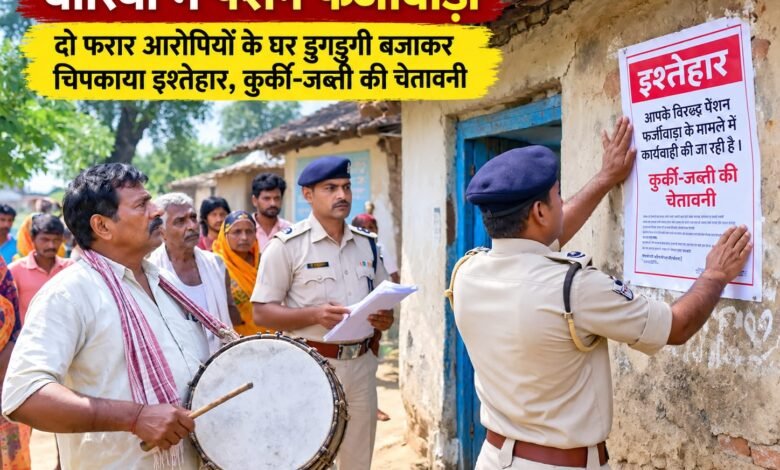 बोरियो में पेंशन फर्जीवाड़ा:दो फरार आरोपियों के घर डुगडुगी बजाकर चिपकाया इश्तेहार, कुर्की-जब्ती की चेतावनी